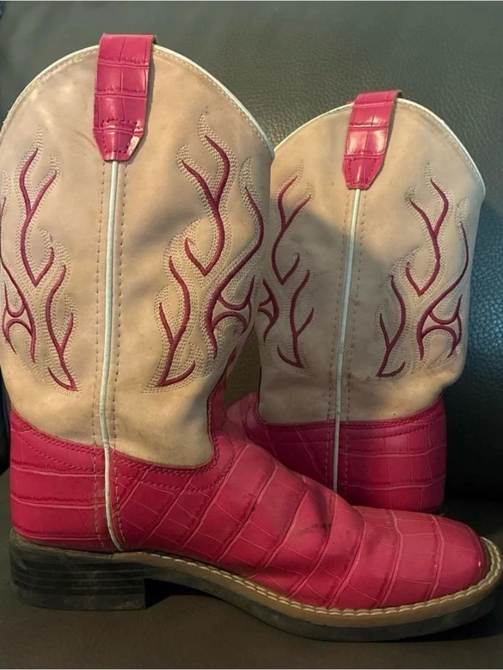 Old West Pink Croc-Effect & Cream Shaft Kids Cowgirl Boots